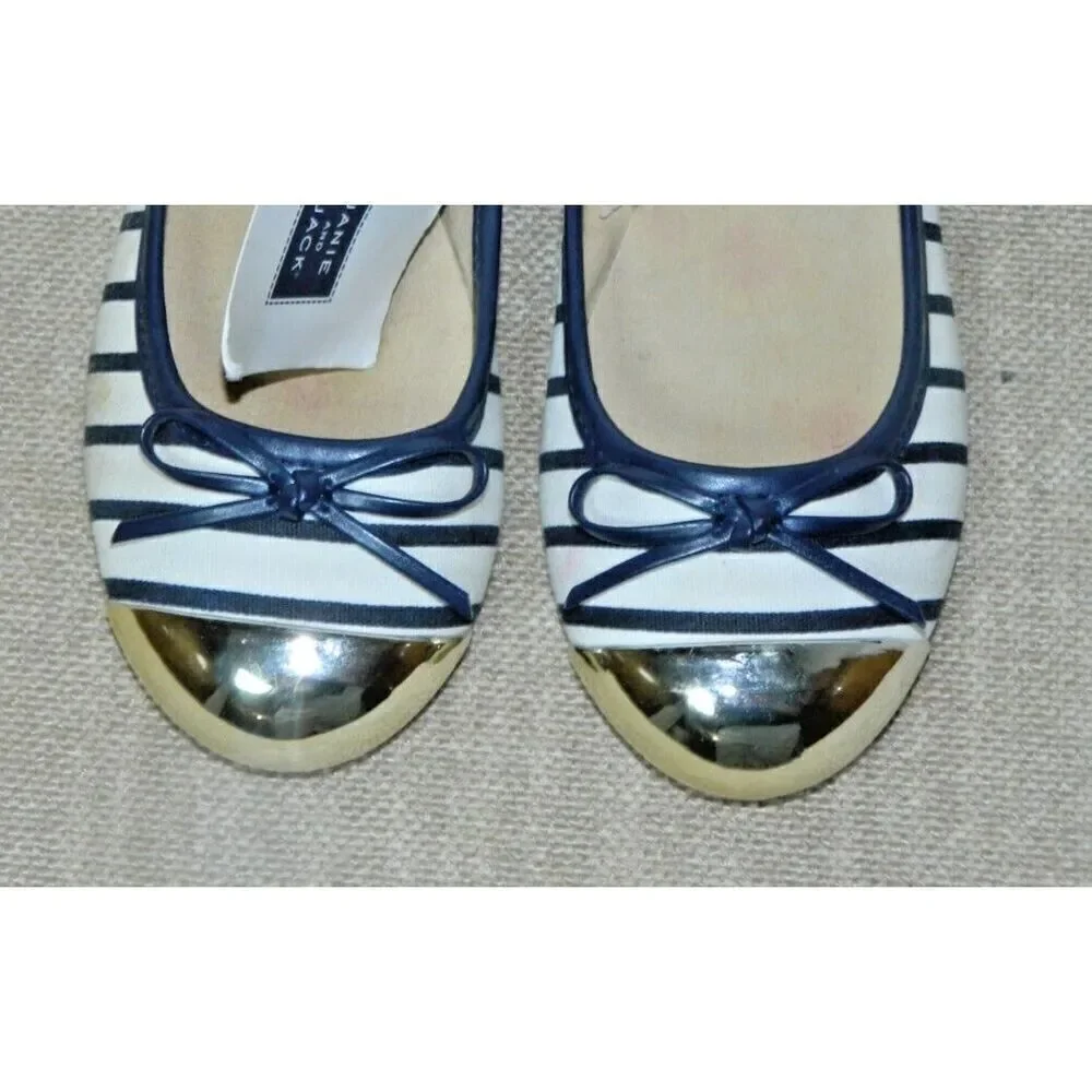 Janie and Jack‎ Ballet Flats Size 1 Blue white Striped Gold Toe Metallic Bow